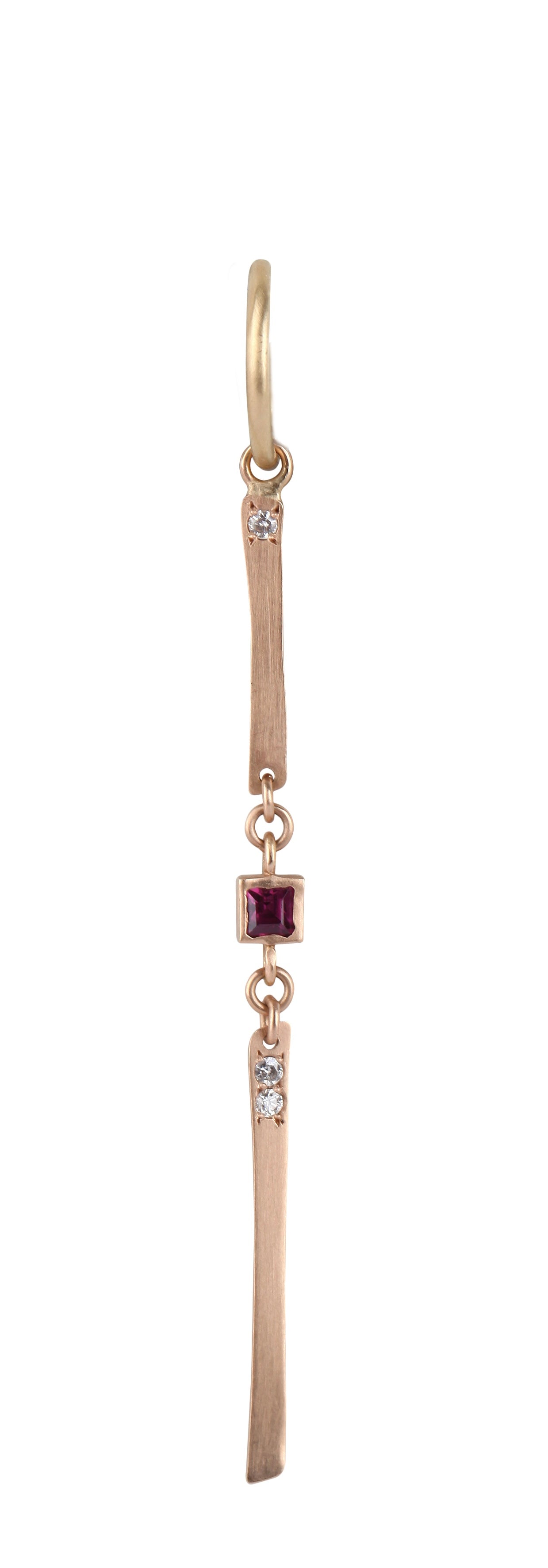 Two lines and a ruby earring long in pink gold