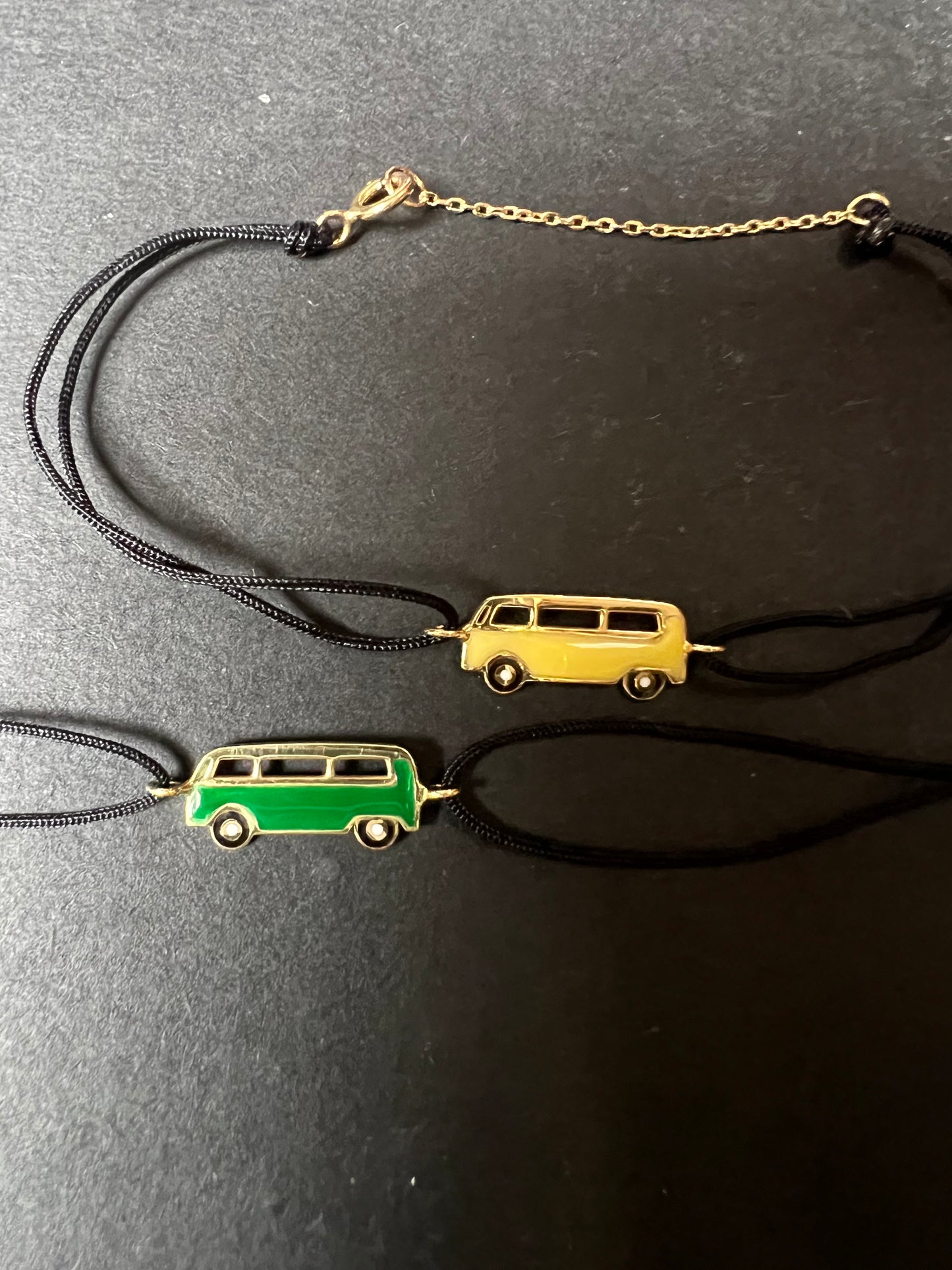 Enamel mini dark green Bus bracelet with a black cord and yellow gold