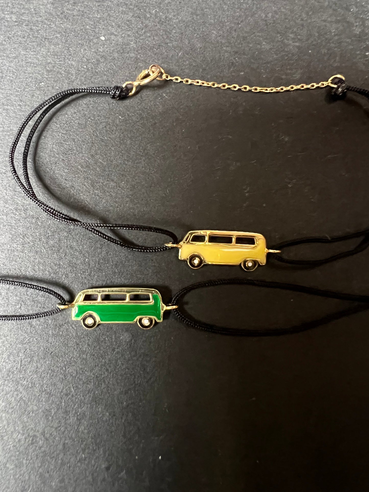 Enamel mini yellow Bus bracelet with a black cord and yellow gold