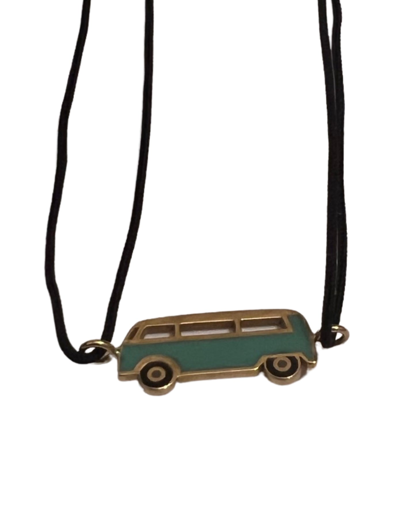 Enamel mini pastel blue Bus necklace with a black cord and yellow gold