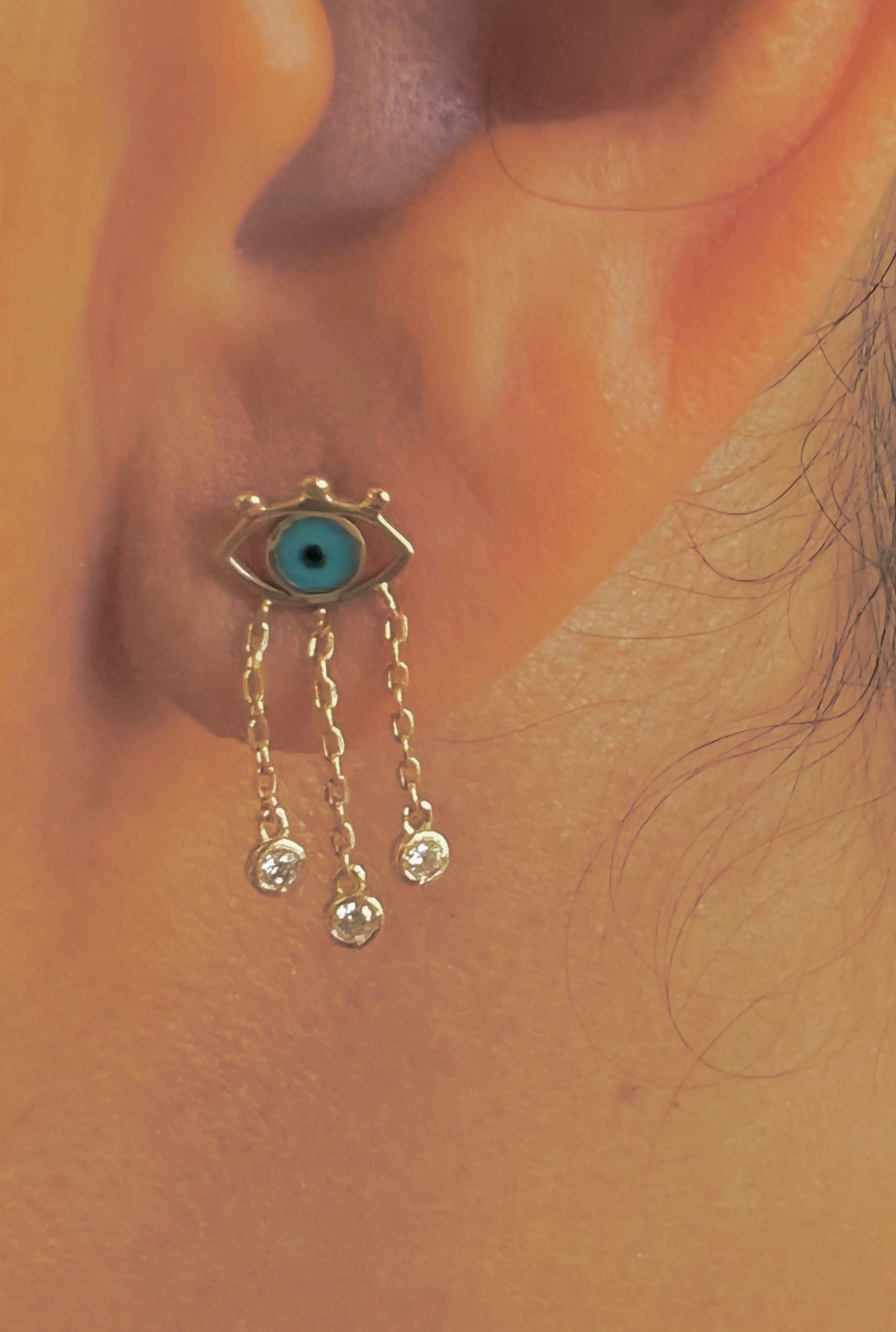 Enamelled Blue Evil Eye Single Earring with diamonds and chains